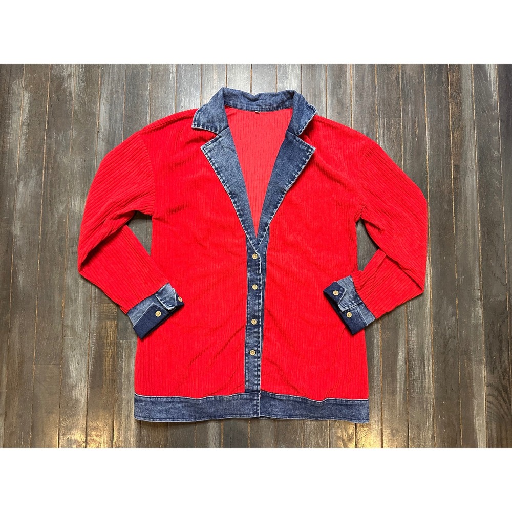 Red Ribbed Knit Cardigan Denim Trim Colorblock Button Front Jacket